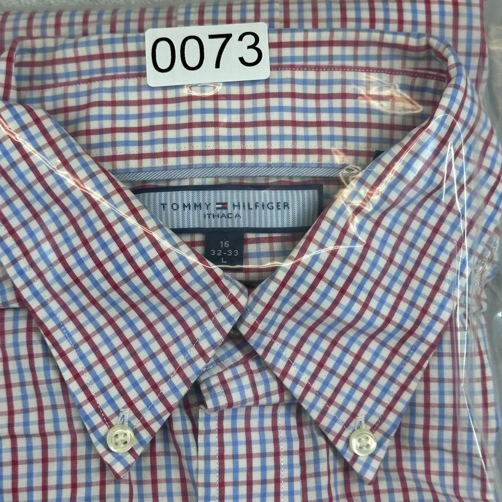 Tommy Hilfiger Ithaca Dress Shirt 16 32-33 Red White Blue Gingham Check Large